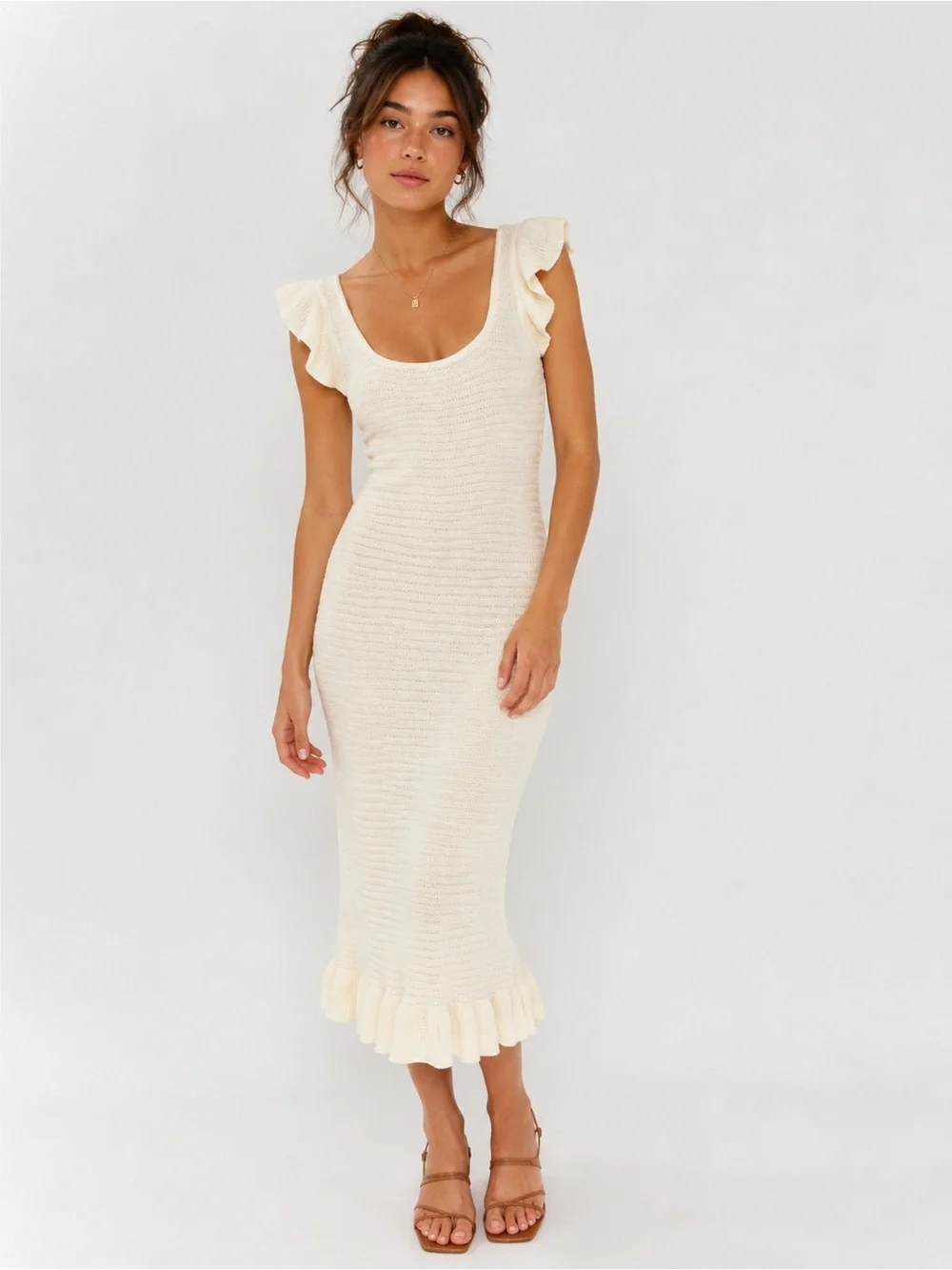 House of Harlow 1960 Cream Knit Ruffle Midi Dress Boho Cottagecore XS House of Harlow 1960 Cream Knit Ruffle Midi Dress Boho Cottagecore XS